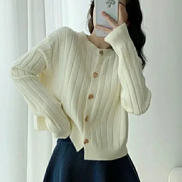 Cream cardigan sweater white heart button long sleeve womens